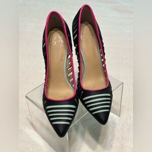 GX Gwen Stefani Black, Pink & Mint Green Striped Women's 5” Heels.